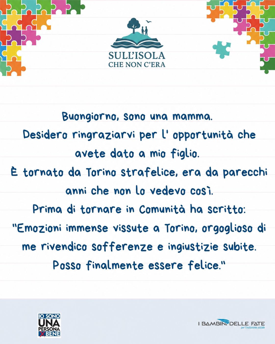 Testo nell'immagine: Vogliamo ringraziare per il bellissimo evento e per la grande opportunità che è stata data a nostro figlio, per lui una spinta a crescere e impegnarsi, ma soprattutto ha decisamente contribuito a migliorare la sua autostima. Ringraziamo in modo particolare Sauro Pellerucci che con estrema gentilezza lo ha sostenuto sul palco, bloccato dalla timidezza ed emozione. Ancora grazie!