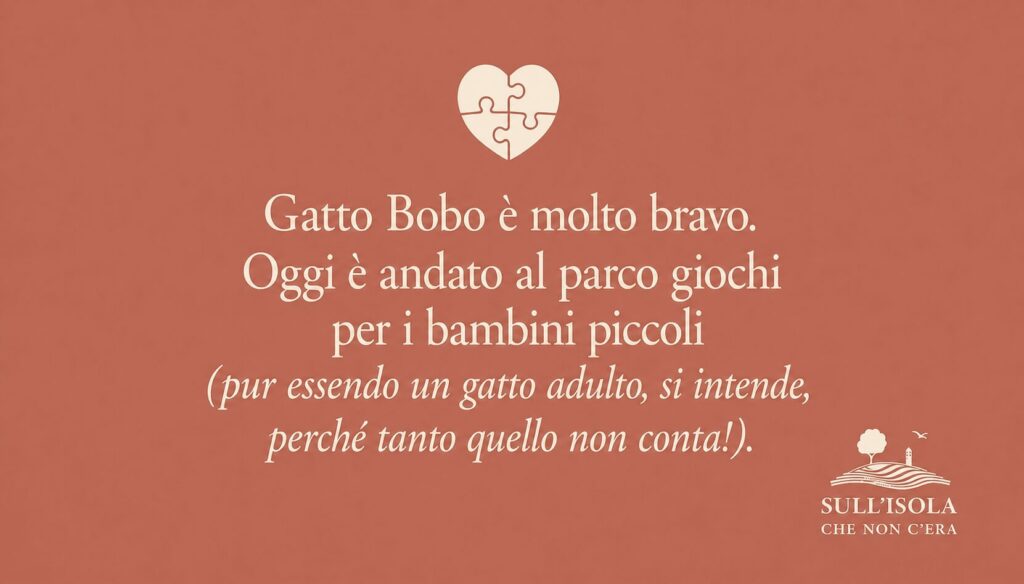 Testo nell'immagine: Gatto Bobo è molto bravo. Oggi è andato al parco giochi per i bambini piccoli (pur essendo un gatto adulto, si intende, perché tanto quello non conta!)